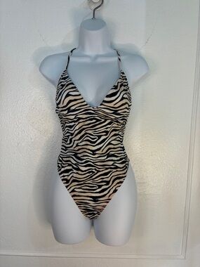 Forever 21 Zebra-Print One-Piece Swimsuit - Black & Cream Sz.M